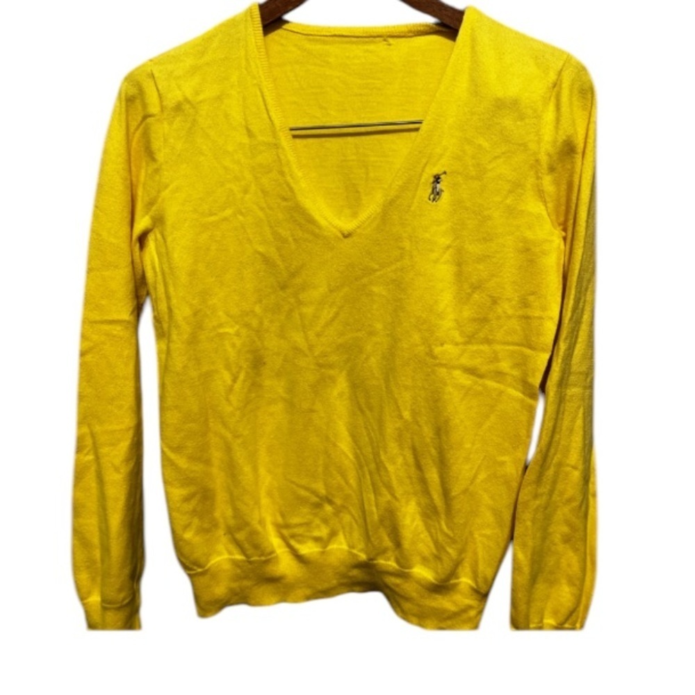 Polo Ralph Lauren Yellow Logo Cotton Mix V Neck Sweater Jumper Sz M Women
